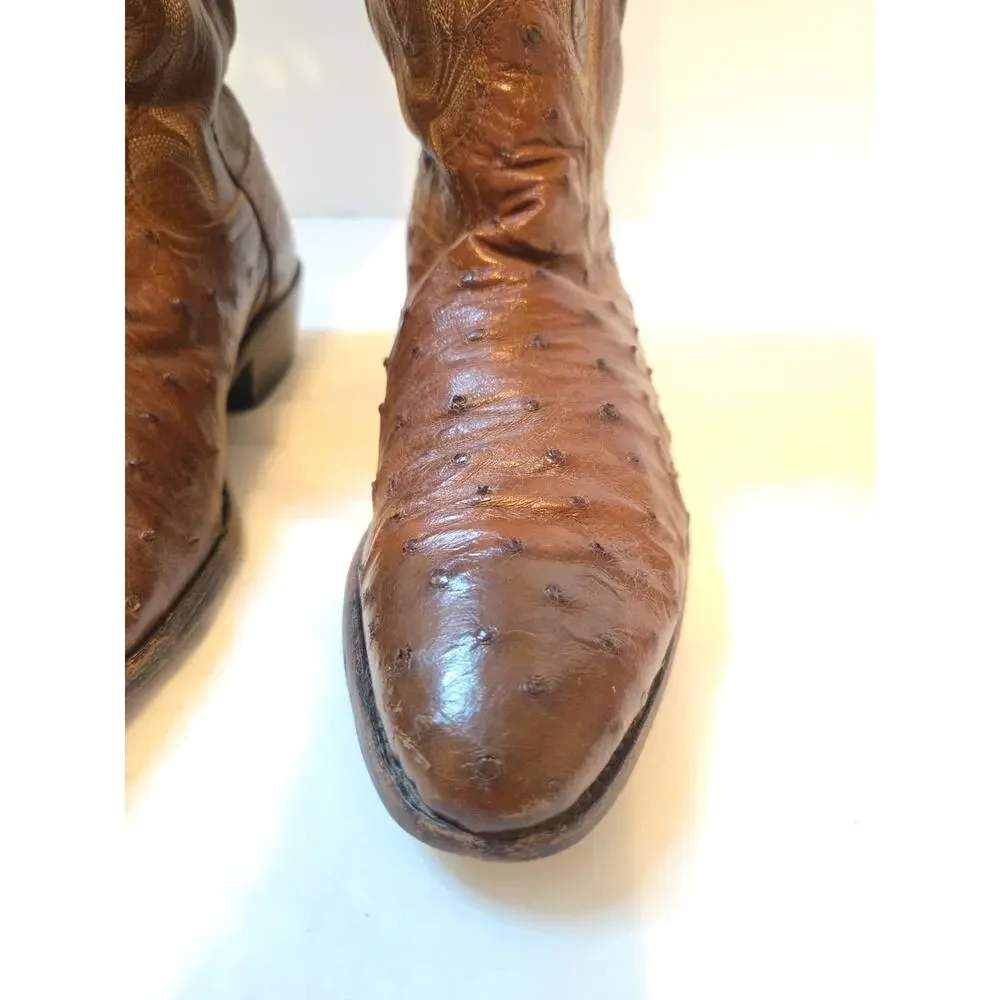 Vtg Dan Post Mens 9.5 Ew Brown Ostrich Leather Cowboy Boots